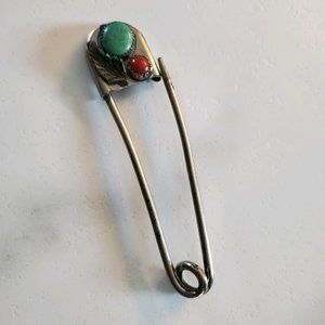 Large Vintage Native American Turquoise Safety Pin Brooch